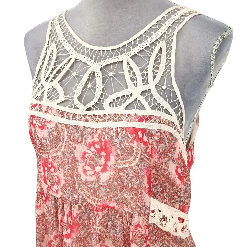 Free People Dress Womens 10 Maxi Ivory Red Pink Floral Lace Trim Lined Chiffon - Picture 8 of 13